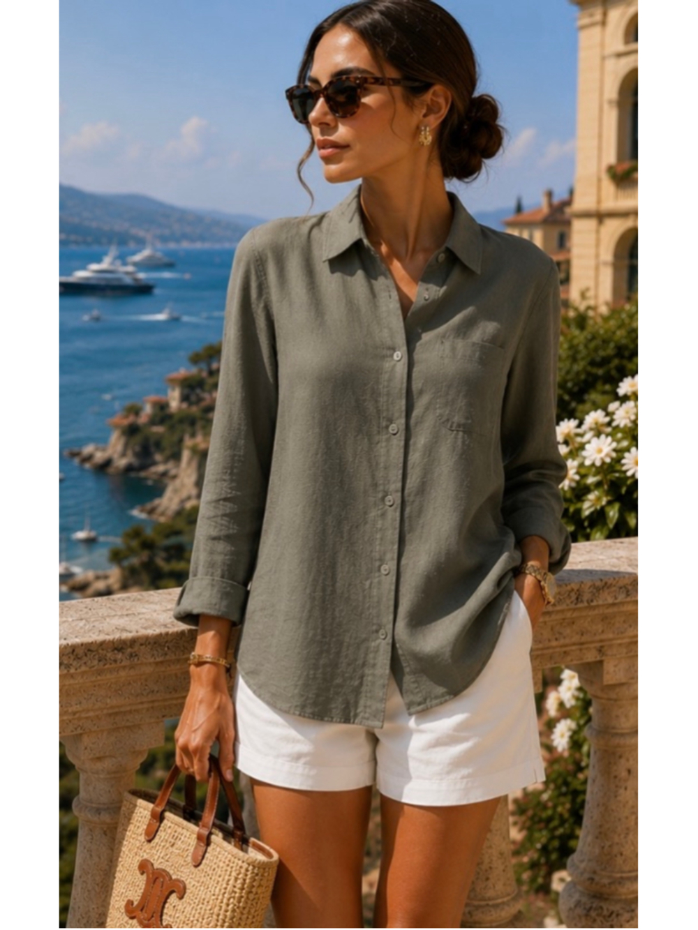 Women's Parachute Linen Button Down Shirt XL Green New